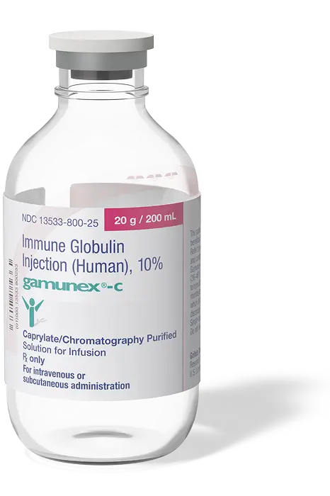 Product image of GAMUNEX-C vial, a proven 10% IG option in the treatment of PIDD